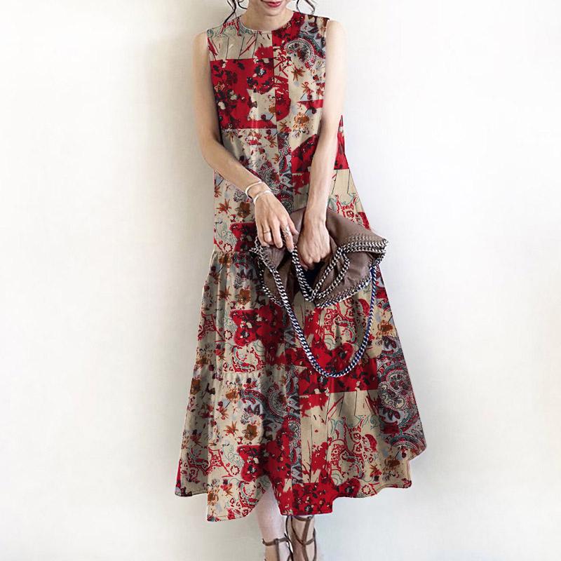 

ZANZEA Женское повседневное платье-майка без рукавов с круглым вырезом и летним принтом L