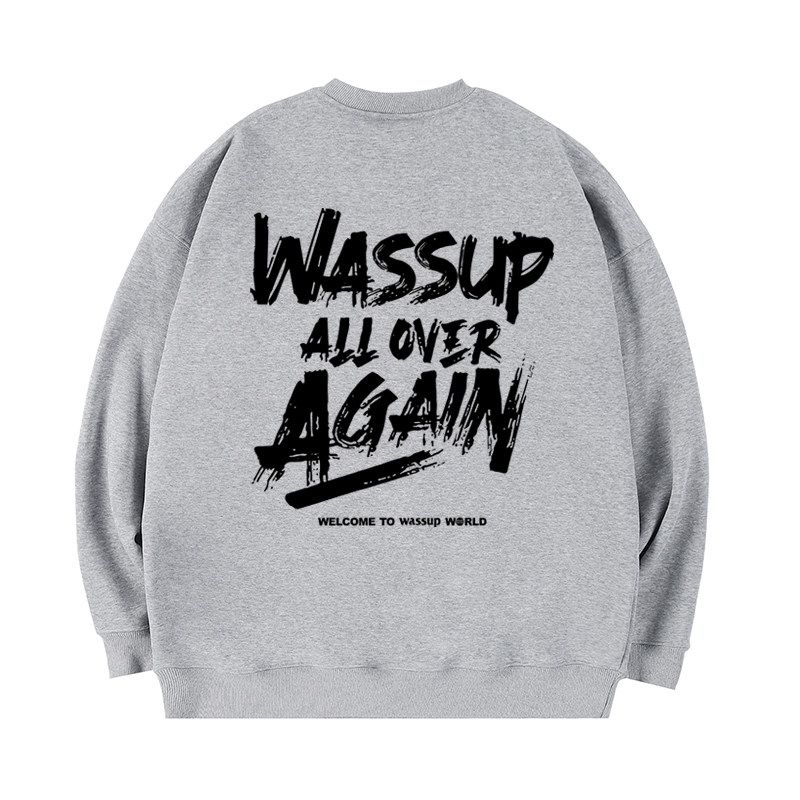 

Wassup Trendy American Graffiti Letter Gray Sweatshirt for Men, Autumn Loose Casual Couple Versatile Crew Neck Top Gray (Heavyweight Basic) M