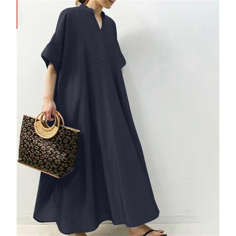 

Women s Summer/ Spring Printed Short-sleeved V-neck Loose-waist Casual Dress S темно-синий