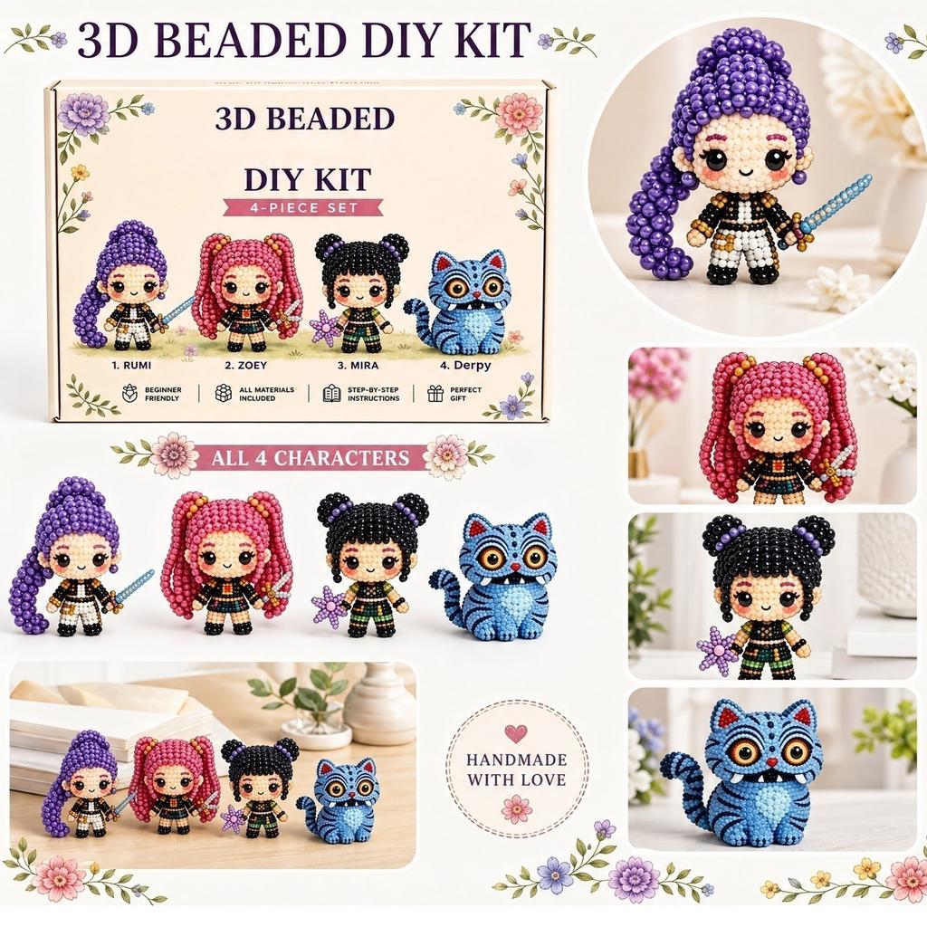 3D Beaded DIY Kit 4 Piece Set Includes Step by Step Instructions All Materials Included for Beginner Friendly Crafting