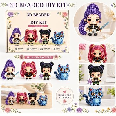 3D Beaded DIY Kit 4 Piece Set Includes Step by Step Instructions All Materials Included for Beginner Friendly Crafting