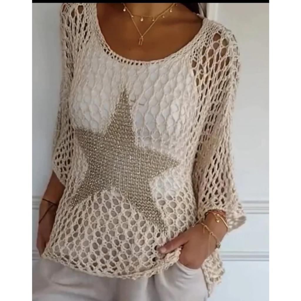 Women's Sweater Loose Hollow Knit Star Cardigan Round Neck Sun Shirt Summer Swimsuit Cover Up