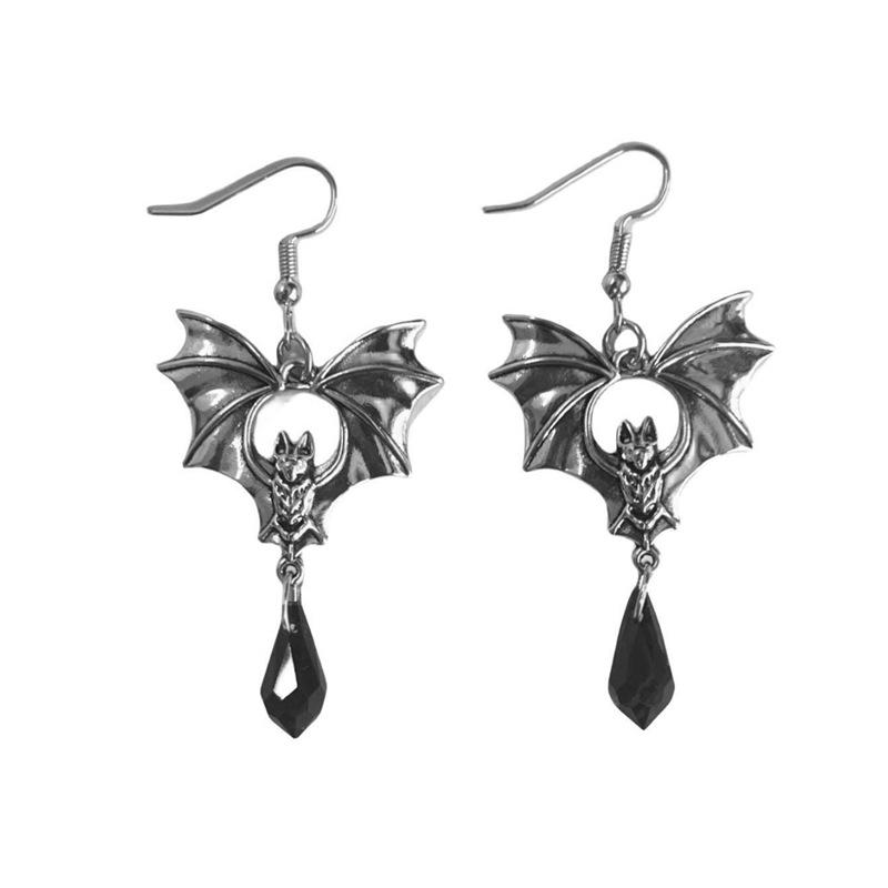 Dark Gothic Punk Black Bat Earrings with Red Crystal for Women - Halloween Style