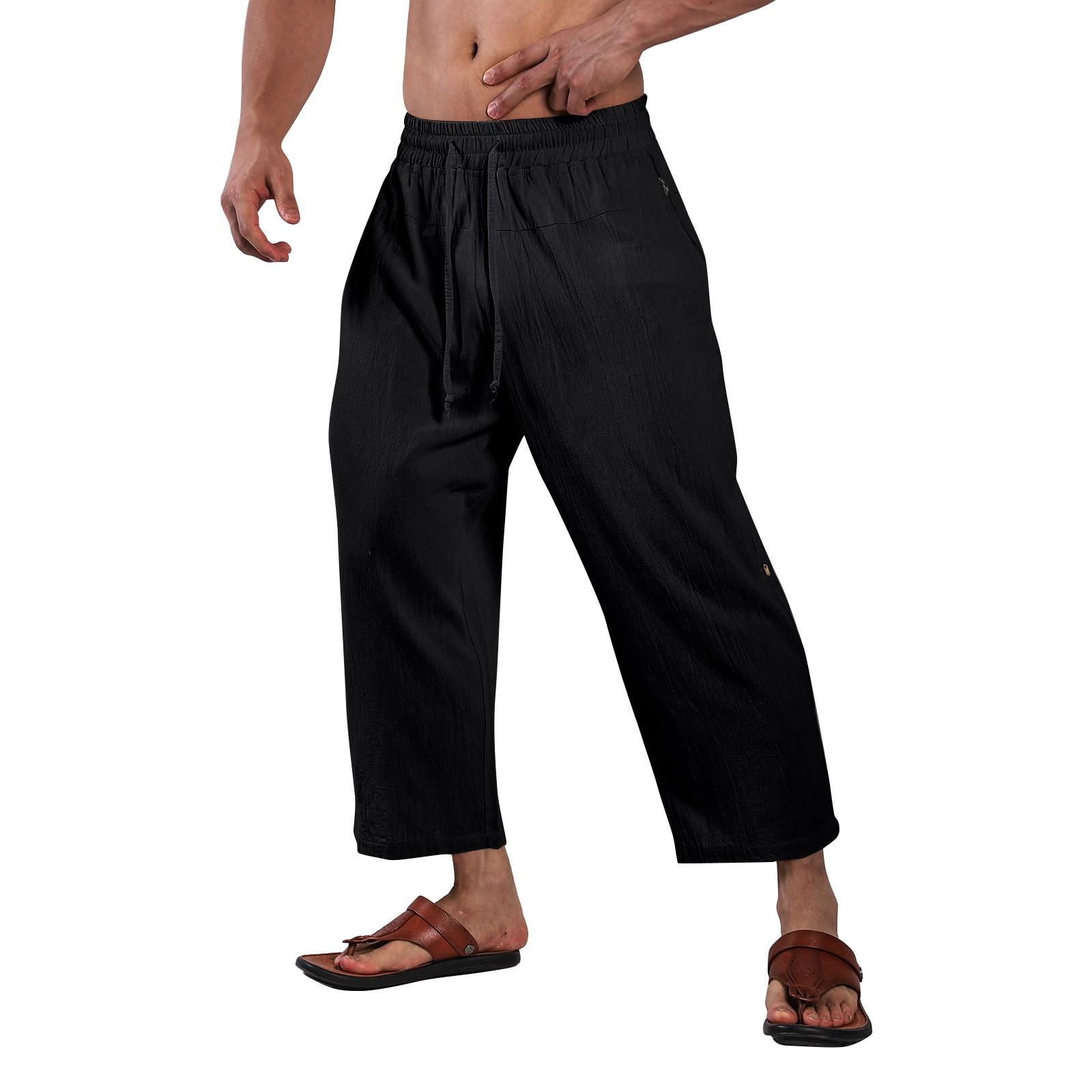 

Мужские летние повседневные укороченные брюки на шнурке Мужские дышащие укороченные брюки из хлопка и льна M чёрный