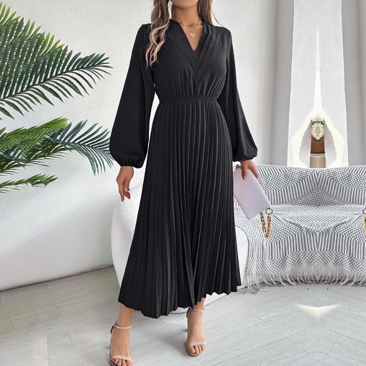 A Line Long Dress Women High Waist Pleated Solid Color V Neck Long Sleeve Spring Summer Fashion