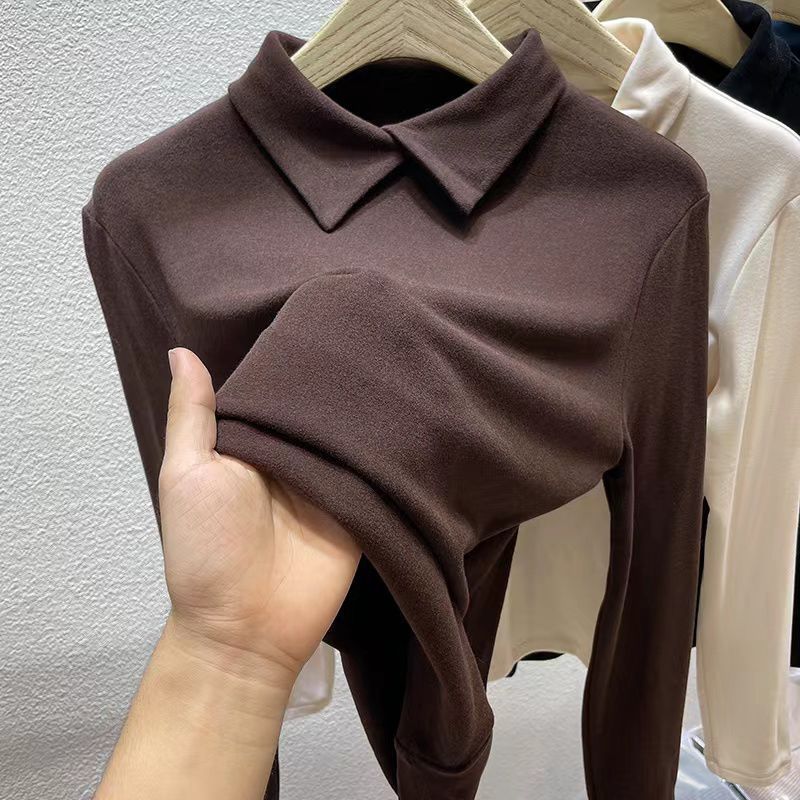 Autumn and Winter Women's Double-sided Velvet Base Shirt Soft Skin-friendly Polo Collar Base Shirt Slim Fit Warm Solid Color Stretchy Pullover Top
