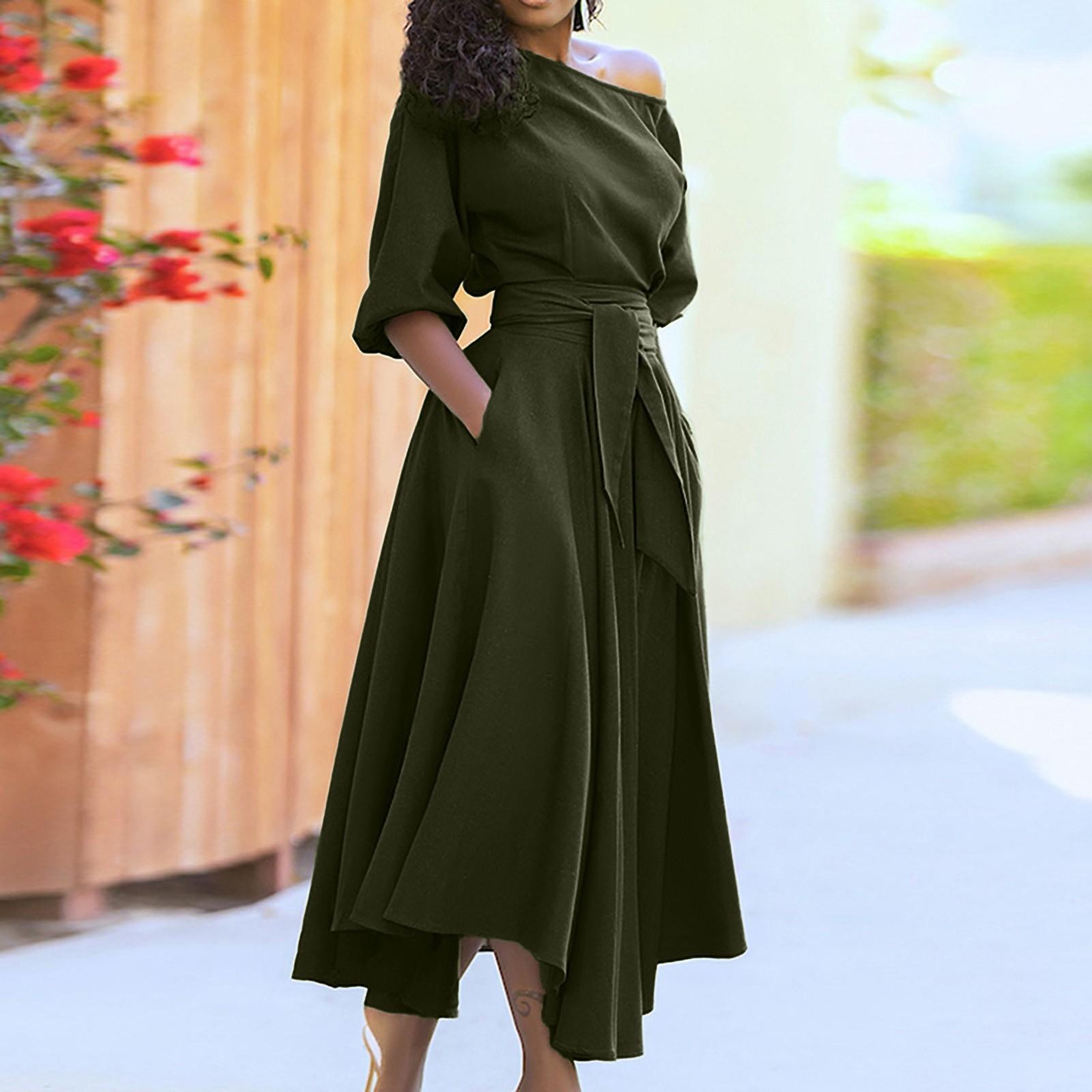 

Bandage Dress For Women Waist Dress Shoulder Collar Straps Temperament Women S Fashion Casual Loose Half Sleeve V Neck -Leng Dress L зелёный