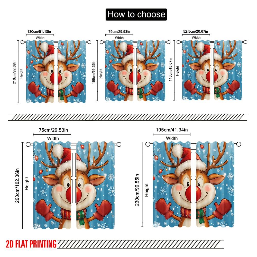 2pcs,2D Plane Printing Curtains&Window Treatment Cute Reindeer Christmas Versatile 100% Polyester (without Rod) Outdoor
