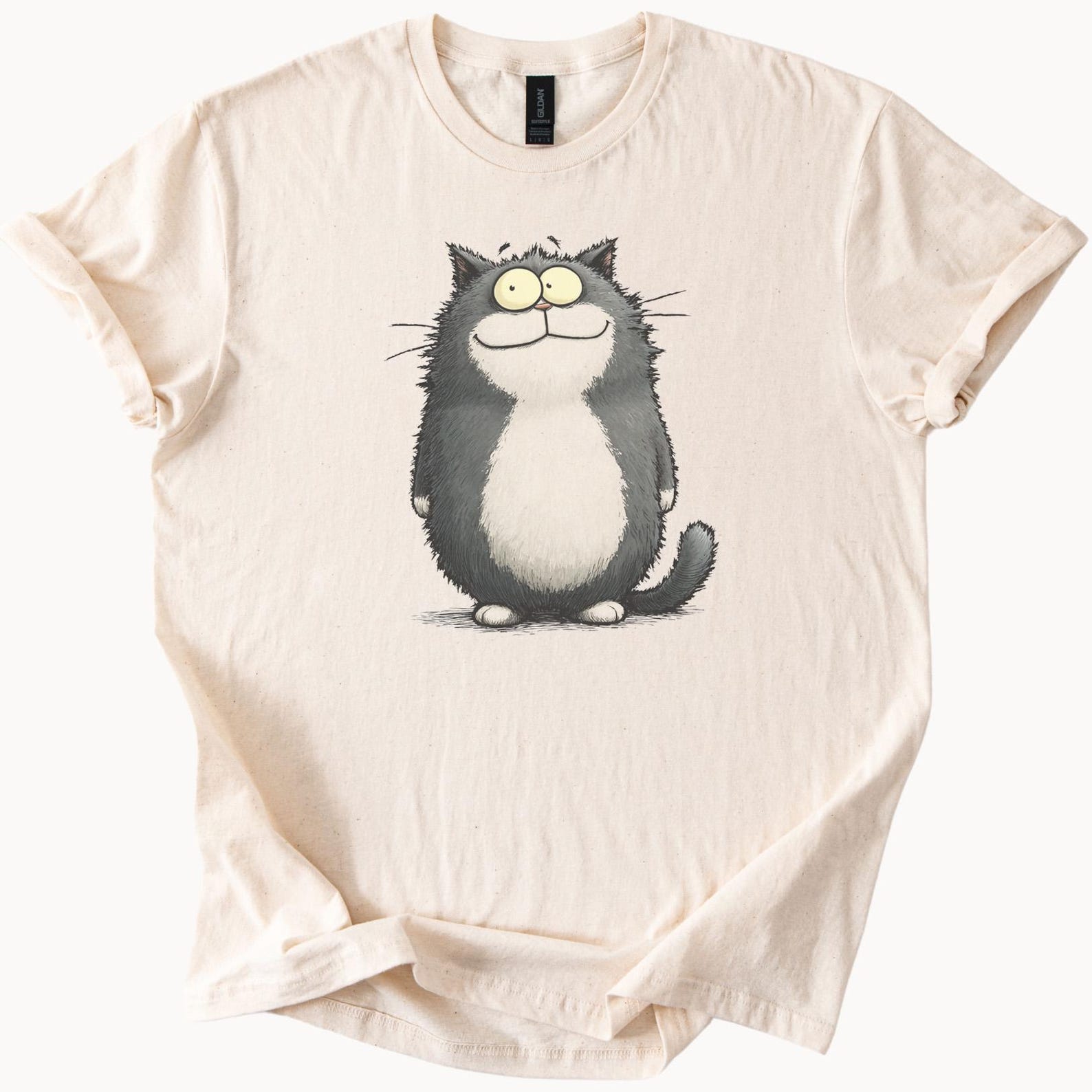Funny Cartoon Cat T Shirt Cute Fluffy Black and White Cat Graphic Tee Adorable Animal Lover Gift Unique Cat Drawing Shirt 100