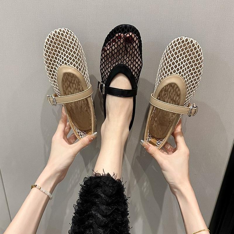 New Fishnet Ballet Flats Woman Chic Brand Design Hollow Out Lace Mary Jane Shoes Ladies Summer Sandals Breathable Mesh Zapatos
