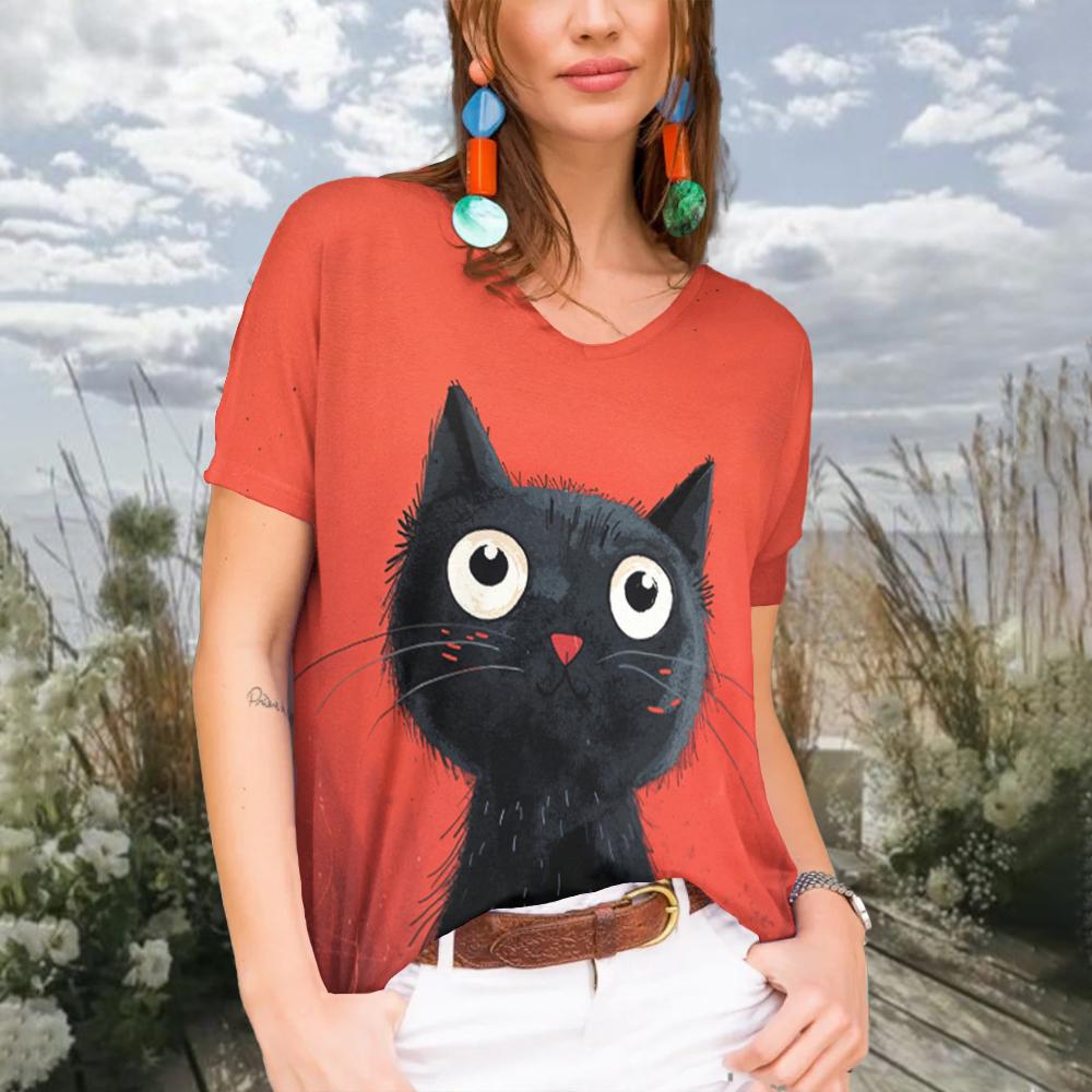 

Футболки с v-образным вырезом и короткими рукавами для женщин, повседневная одежда в стиле Харадзюку, женские топы с рисунком кота, базовые футболки большого размера, летняя футболка 8XL