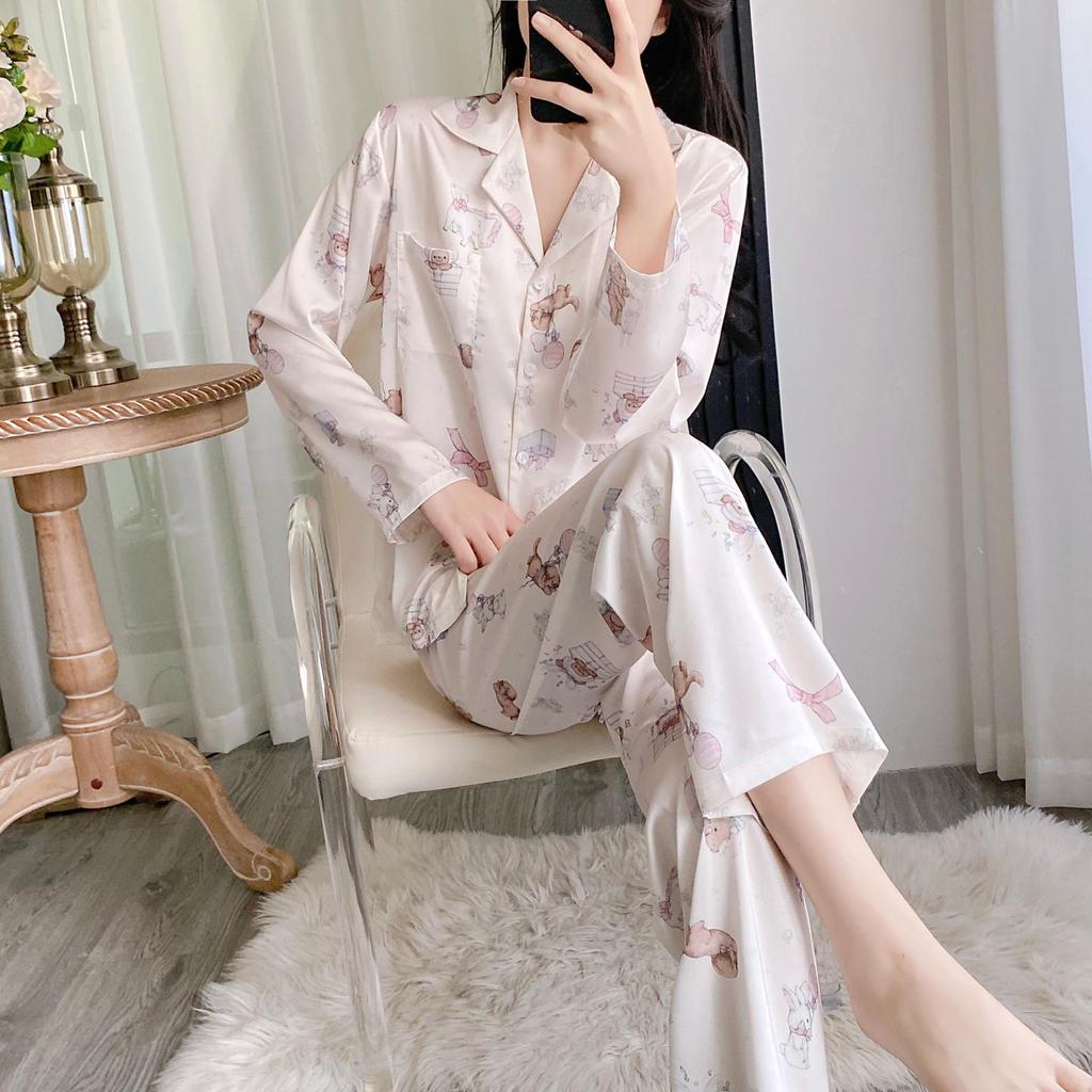 2026 Spring Cartoon Print Chiffon Pajama Set for Women, Cardigan Long Sleeve & Long Pants Home Wear Set