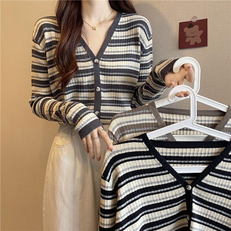 Retro autumn and winter versatile long-sleeved collar striped cardigan sweater women's knitted bottoming shirt jacket women