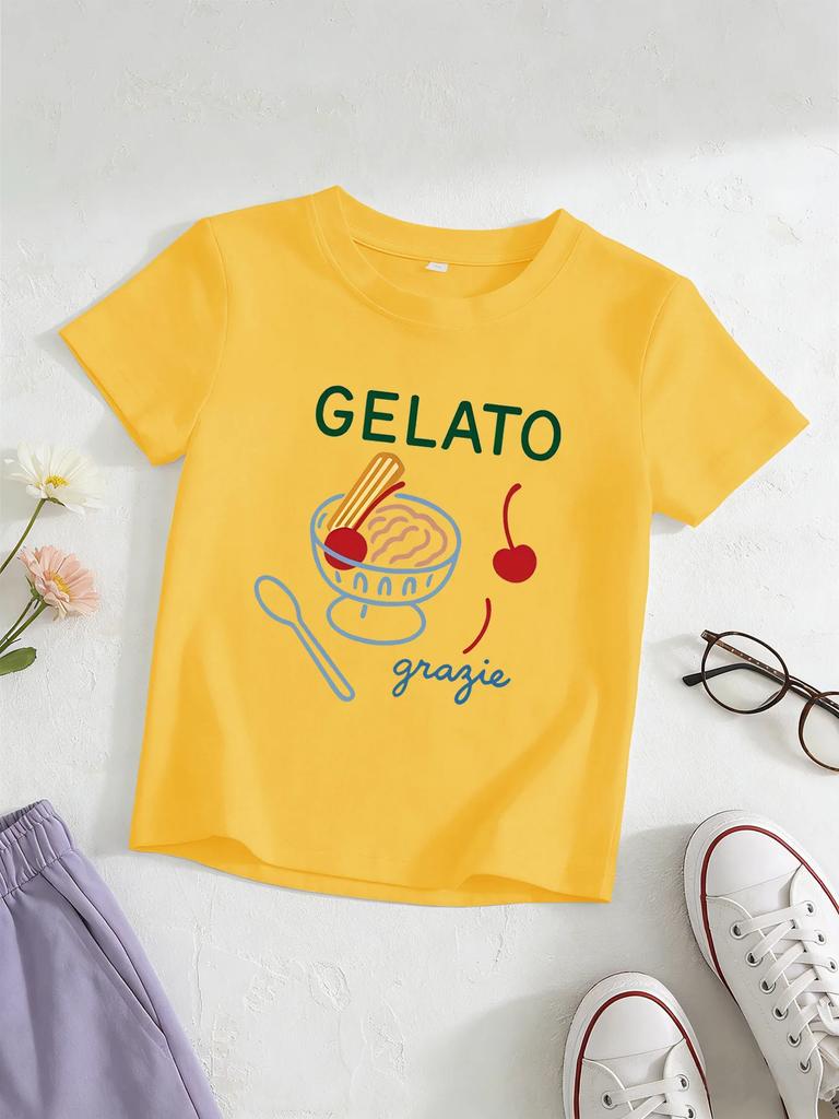 Aesthetic Gelato Dessert Graphic White Short Sleeve Tee Sweet Cherry Spoon Print Casual Kids T-shirt