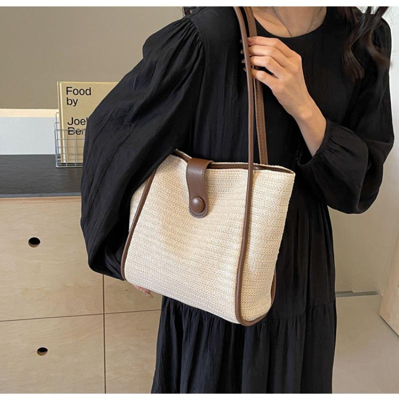 Trendy New Product Casual Simple Contrasting Color Woven Tote Bag Women's Commuting Small Fresh Large Capacity Shoulder Bag