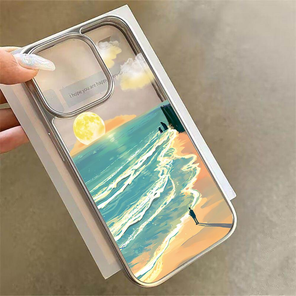 

Sunset at Sea Scenery Clear Case For iPhone 16 Pro Max Cases iPhone 17 11 12 13 14 15 Pro Max Plus Plating Drop Landscape Coque iPhone 14 Pro Max