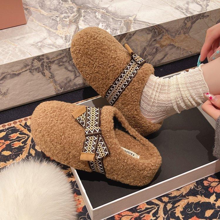 Schleife Lammwollpantoffeln Damen tragen Herbst und Winter Mode ein Pedal Samt warm Taschenkopf halbschlepp flacher Boden