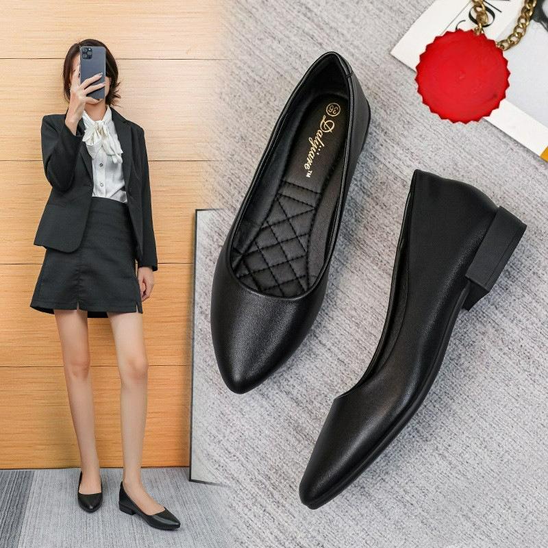 Work Shoes Women's Black Summer Professional Work Tooling Women's Shoes Pointed Thick-heeled Leather Shoes Soft-soled Single Shoes Large Size