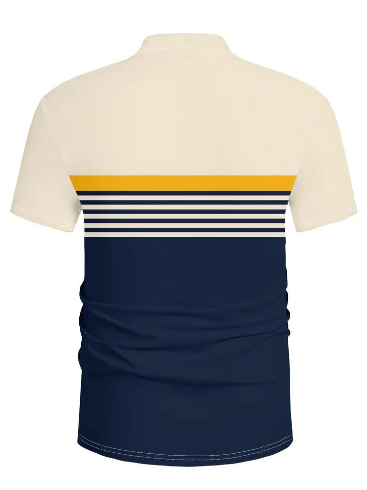 Men'S Casual Short Sleeve Polo Shirt Striped Color Block Design Sporty Style Collared Golf Shirt for Summer