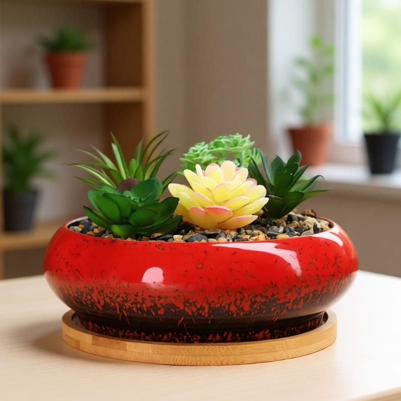 Round Shallow Ceramic Succulents Planter Bowl for Flower Succulents Cactuses Small Desktop Plant Container