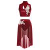 Womens Lyrical Dance Outfits Sleeveless Hollow Out Crop Top Irregular Mesh Hem Briefs Skirt Applique Dancewear Set