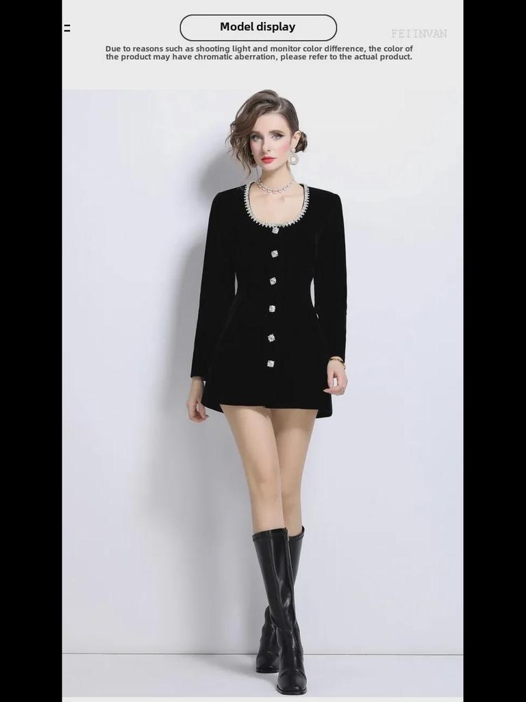 Elegant Velvet Dress with Red Rhinestone Accents