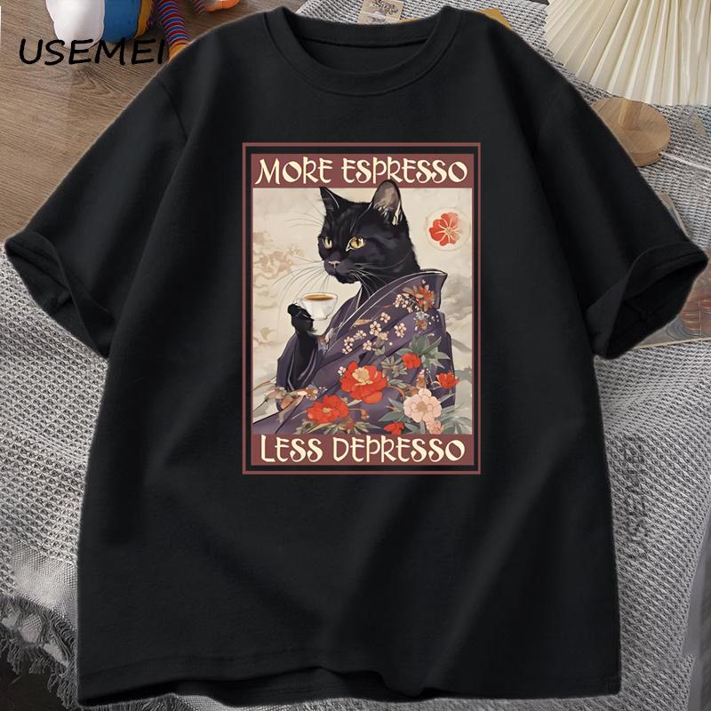 More Espresso Less Depresso Humorous TShirt Unisex Women Black Cat Coffee T Shirt Cotton Y2k Summer Loose Short Sleeve Tee