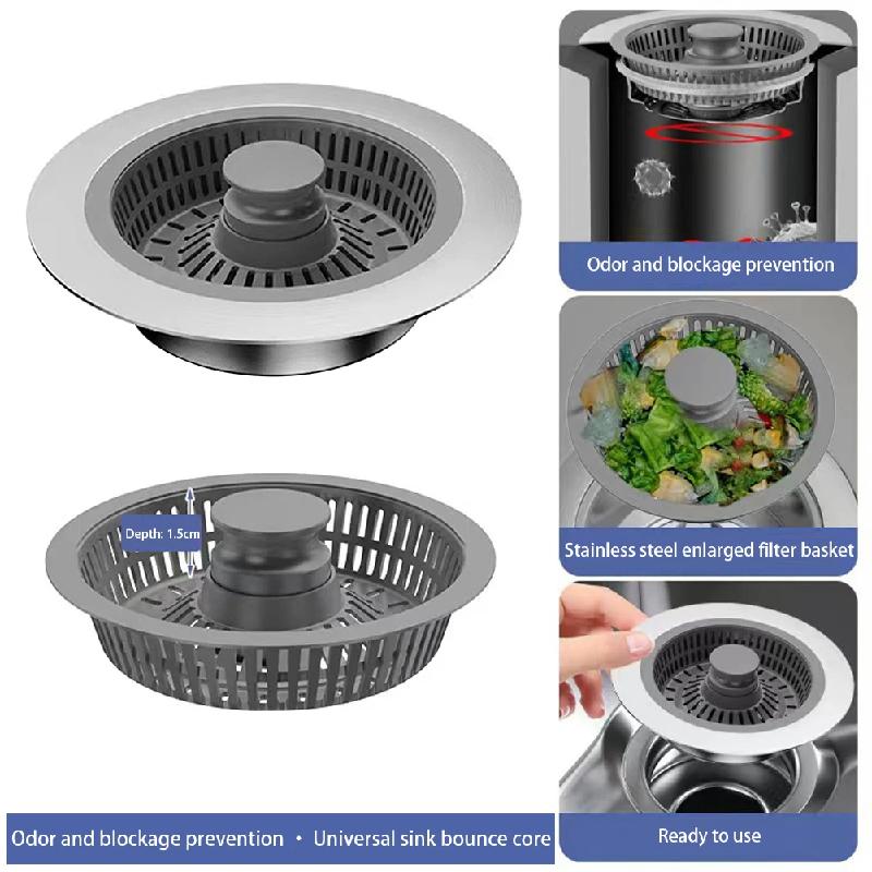 Stainless Steel Sink Pop-up Drain Basket Kitchen Sink Bounce Core Plug Anti-odor Leakage Stopper for Vegetable Washing Basin