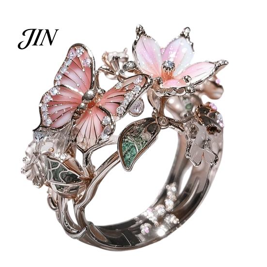 Leichter verstellbarer Ring Legierung Fingerring, Schmetterling Blume Form Öffnung Offenes Design Band für tägliches Tragen Date Party Romantischer Schmuck