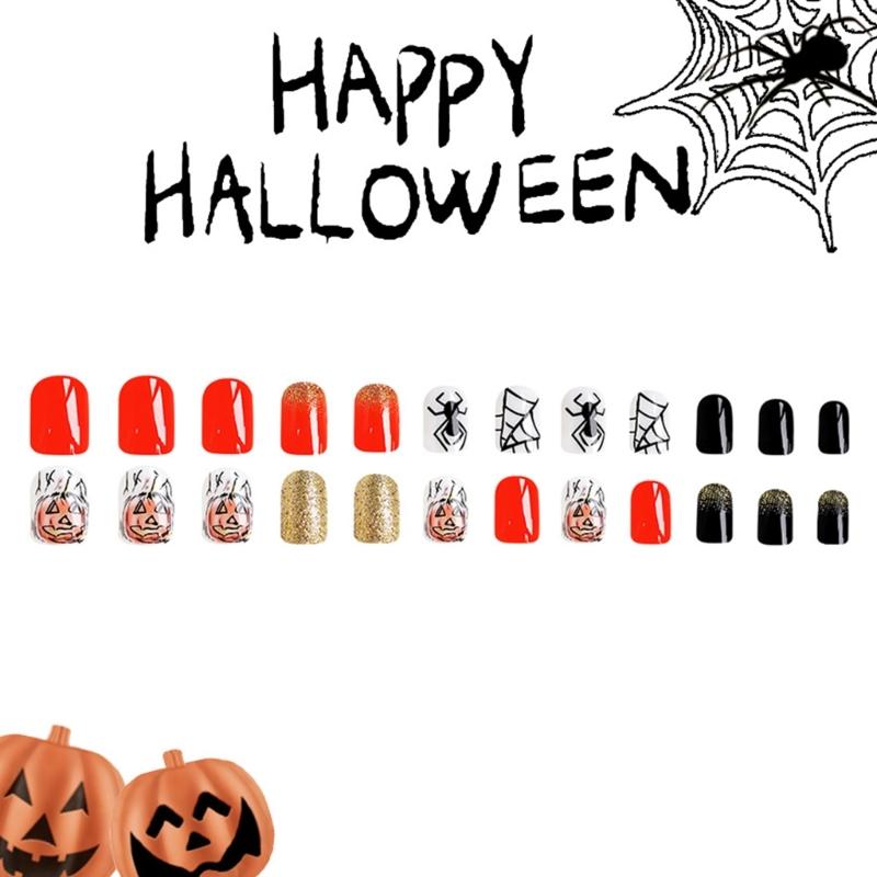 NonToxic Fake Nail Set Matte Orange Glitters Ghostly Stripes Designs Comfortable Plastic Nail Art For Sensitive Skin