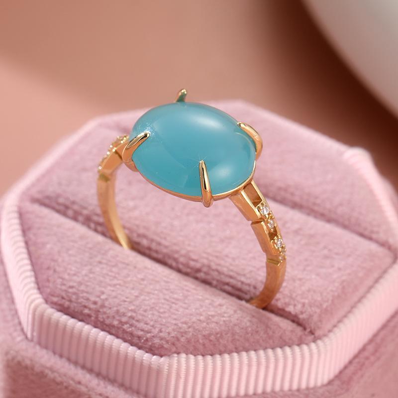Fashion Gold Color Inlaid Blue Stone Women's Ring Oval Daily Wear Party Jewelry