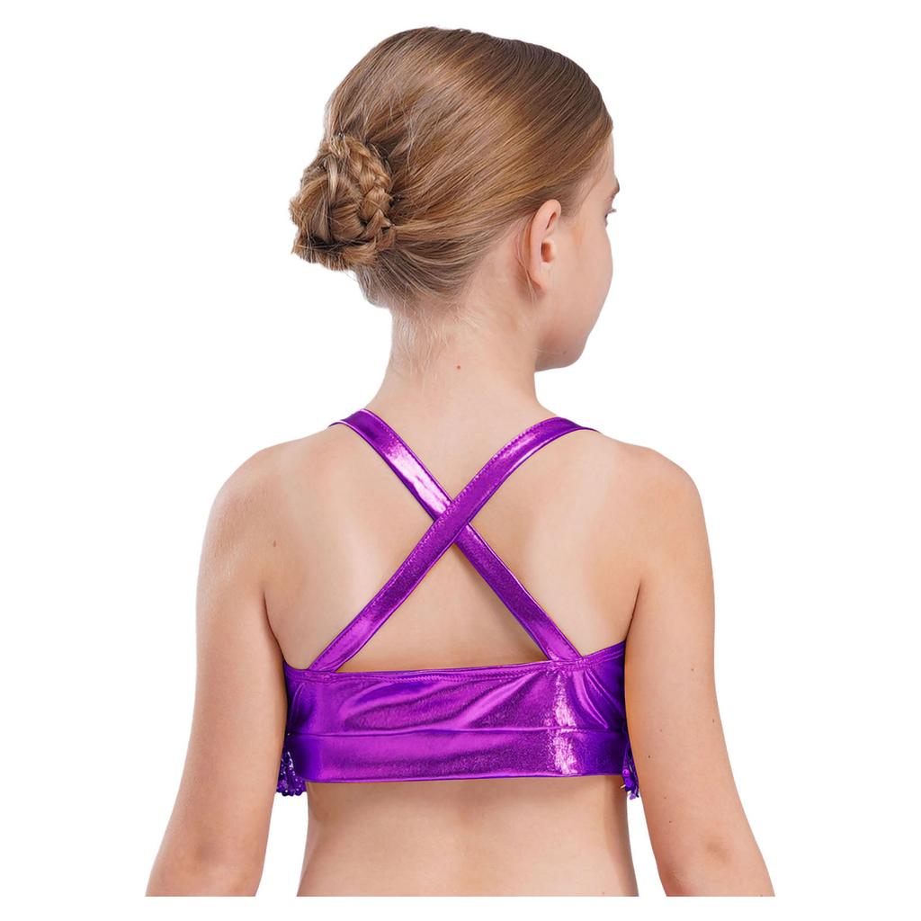 Girls Glittery Sequins Crop Top Tiered Ruffles Cross Back Metallic Camisole for Jazz Dance Performance