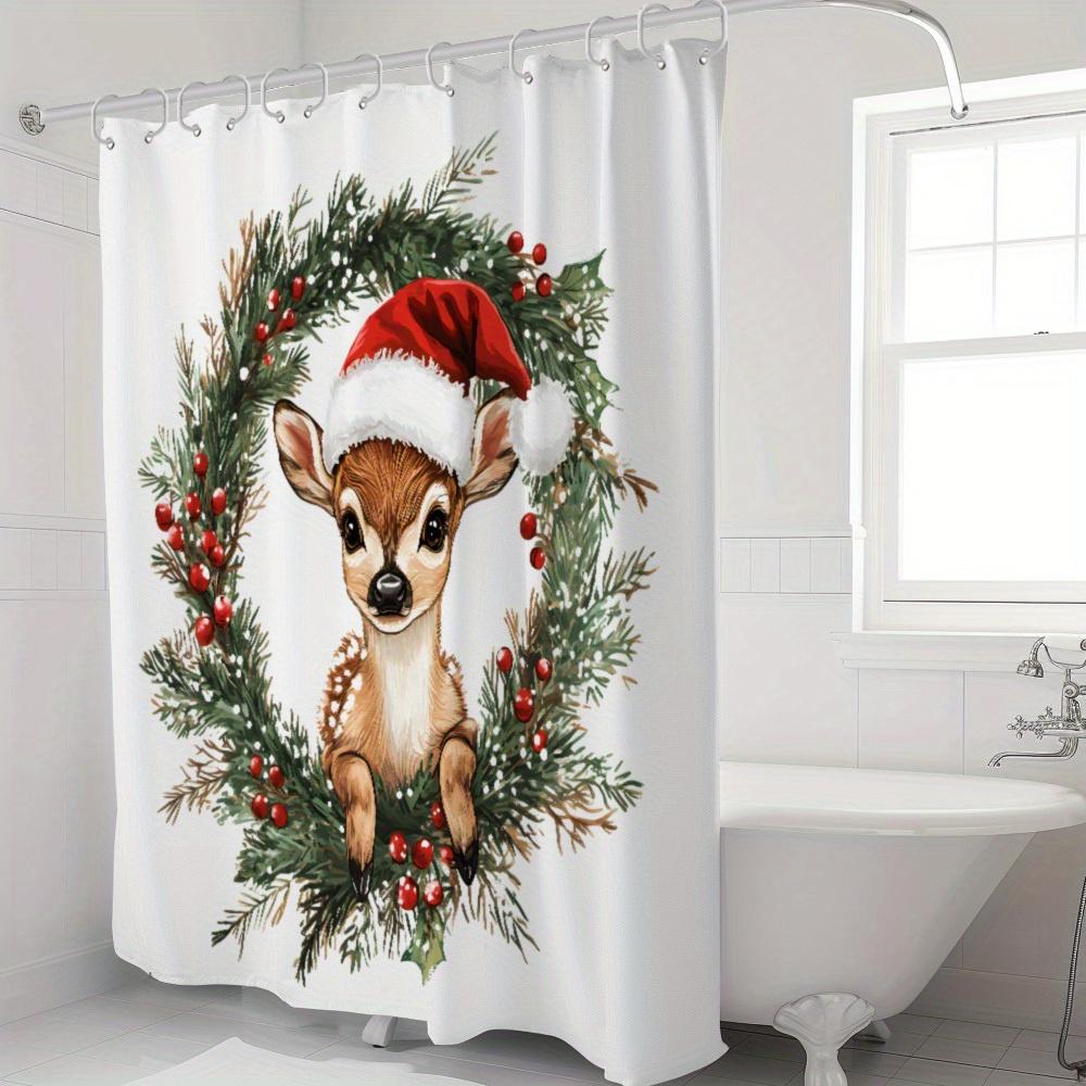 

Cute Deer Shower Curtain - Christmas Hat, Holly Wreath & Festive Animal Art For Cozy Bathroom Decor W60H190(CM)-1 Pcs