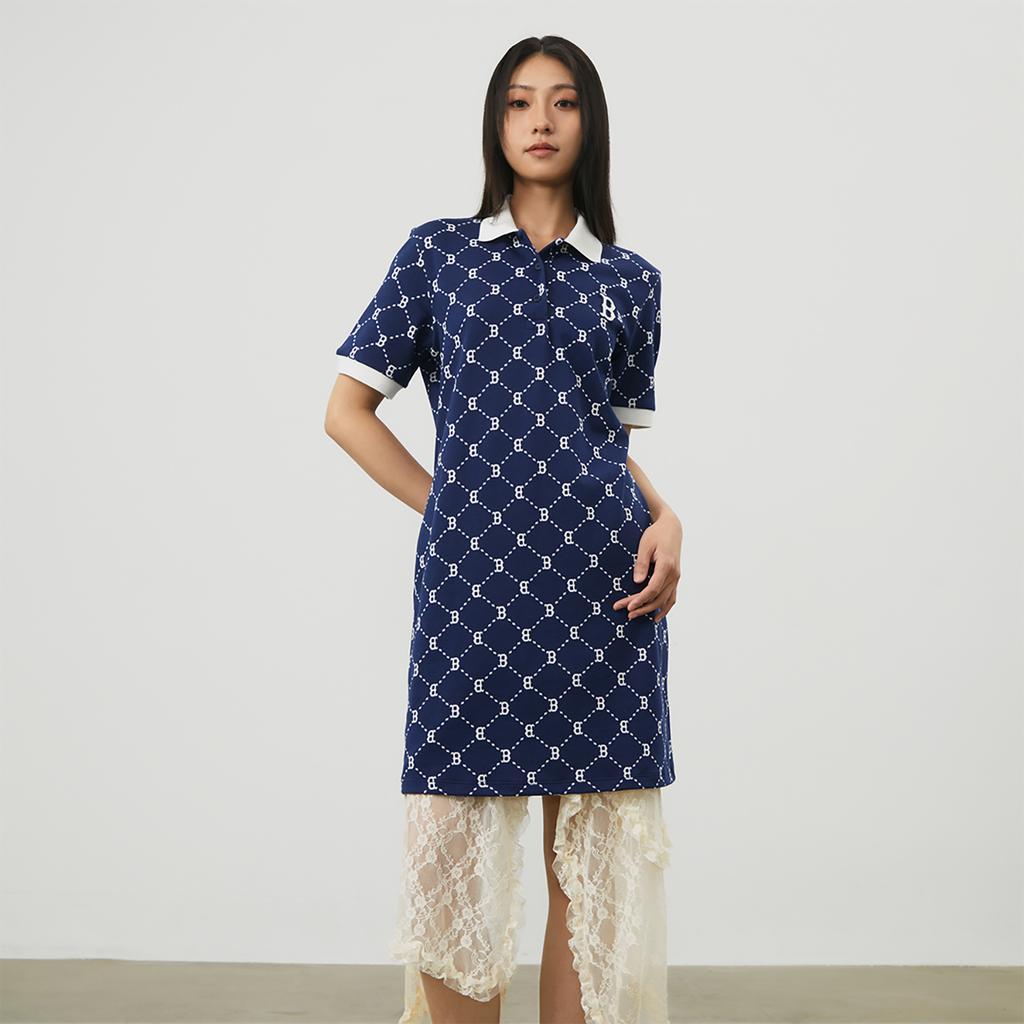 New MLB MONOGRAM Reading Collection Short Sleeved Dress Women's Navy Blue 3FOPM0443-43NYS