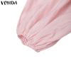 VONDA Abiti da donna alla moda, tinta unita, con scollo rotondo e volant, maniche lunghe