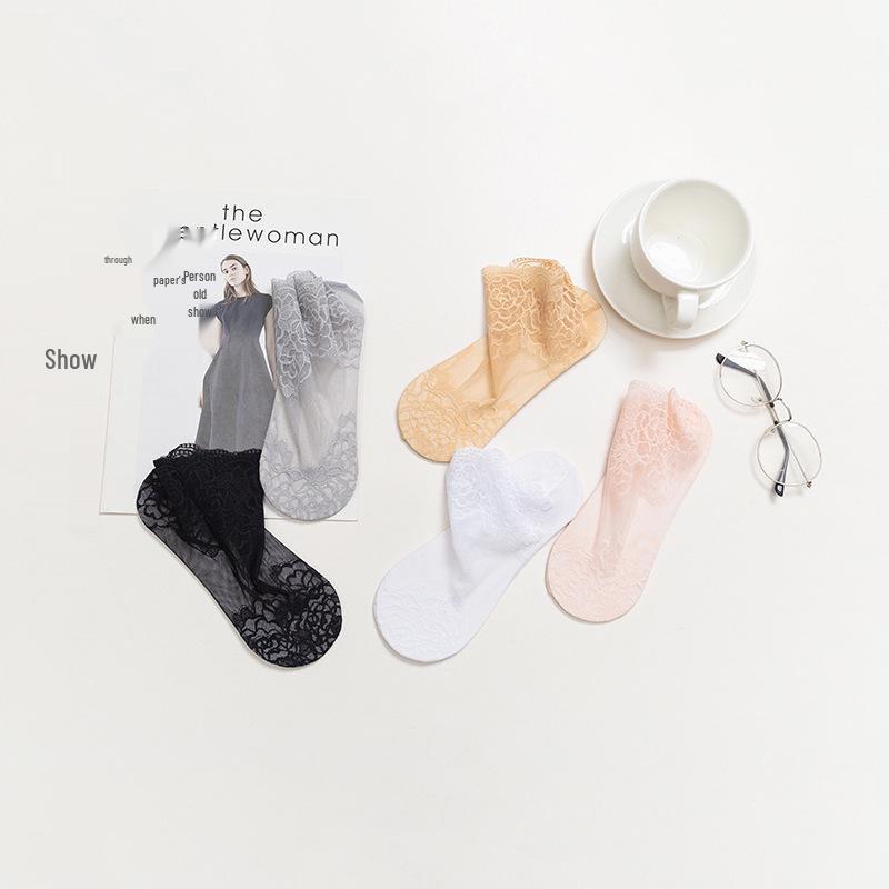 Women's Rose Lace Silk Low-Cut Socks - Spring/Summer Trendy Invisible Boat Style
