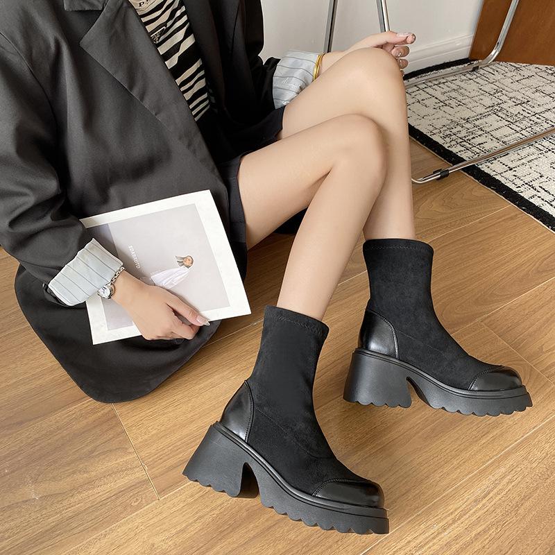 Super High Heel Martin Boots Women's Short Boots 2025 Spring and Autumn Thick-soled Elastic Boots Sleeve 9cm Height Increase Small Thin Boots