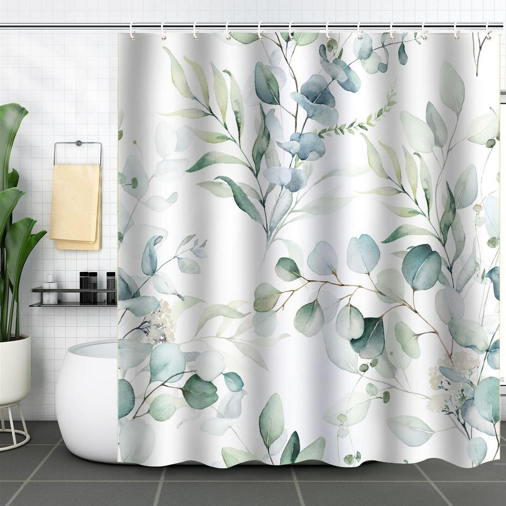 Green Plant Waterproof and Mildew-proof Polyester Bathroom Shower Curtain Shower Curtain Partition Curtain Free of Punching