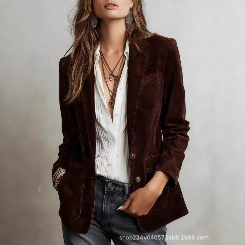 Womens Vintage Chic Suede-Like Blazer Jacket Single Breasted Loose Fit Street Style 2025