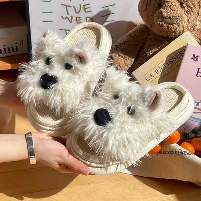 Fashion Women Slippers Cartoon Dog Cute Indoor Linen Casual Slippers Comfortable Platform Spring Autumn 2025 Home Couple Fluffy Slippers