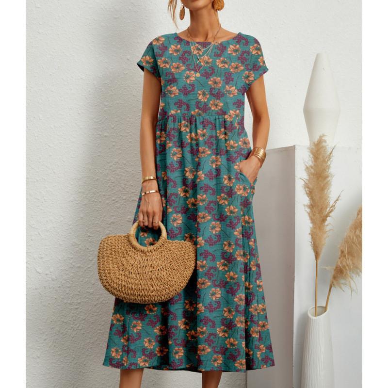 Cotton Linen Floral Print Summer Dress With Round Neck For Women
