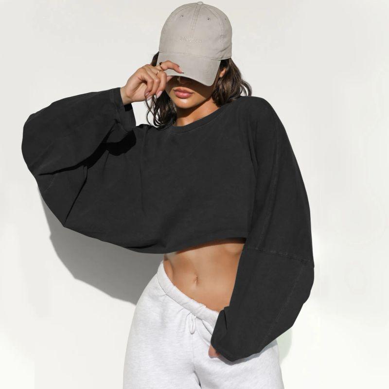 2025 Cross-Border Navel round Neck Hoodie European and American Women clothes Short Sports Bottoming Shirt T-shirt Knit Long sleeve Top