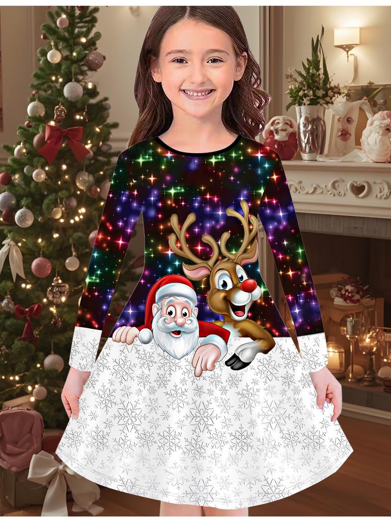 Φόρεμα Μόδας Φθινοπώρου και Χειμώνα για Κορίτσια, 3D Χριστουγεννιάτικη Εκτύπωση, Μακρύ T-shirt Φόρεμα Παιδικό με Στρογγυλή Λαιμόκοψη, Καθημερινό Ευέλικτο, Χριστουγεννιάτικα Ρούχα