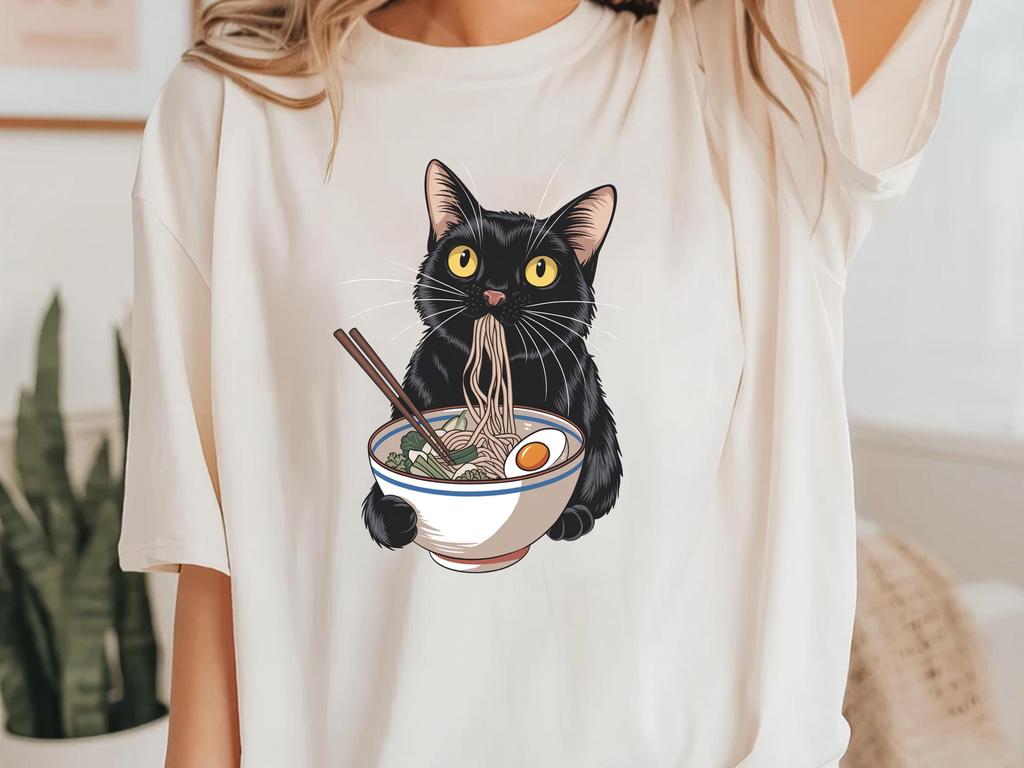 Anime Black Cat Ramen T-Shirt, Noodle Lover Gift