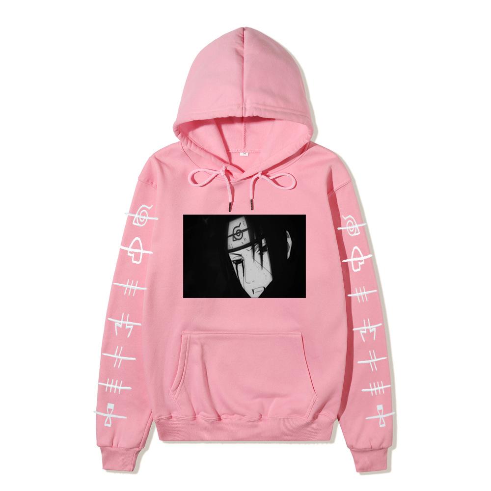 Anime Naruto Itachi Uchiha Hoodie Double Sleeve Symbol Print Character Front Print Pullover Sweatshirt Men Women Streetwear