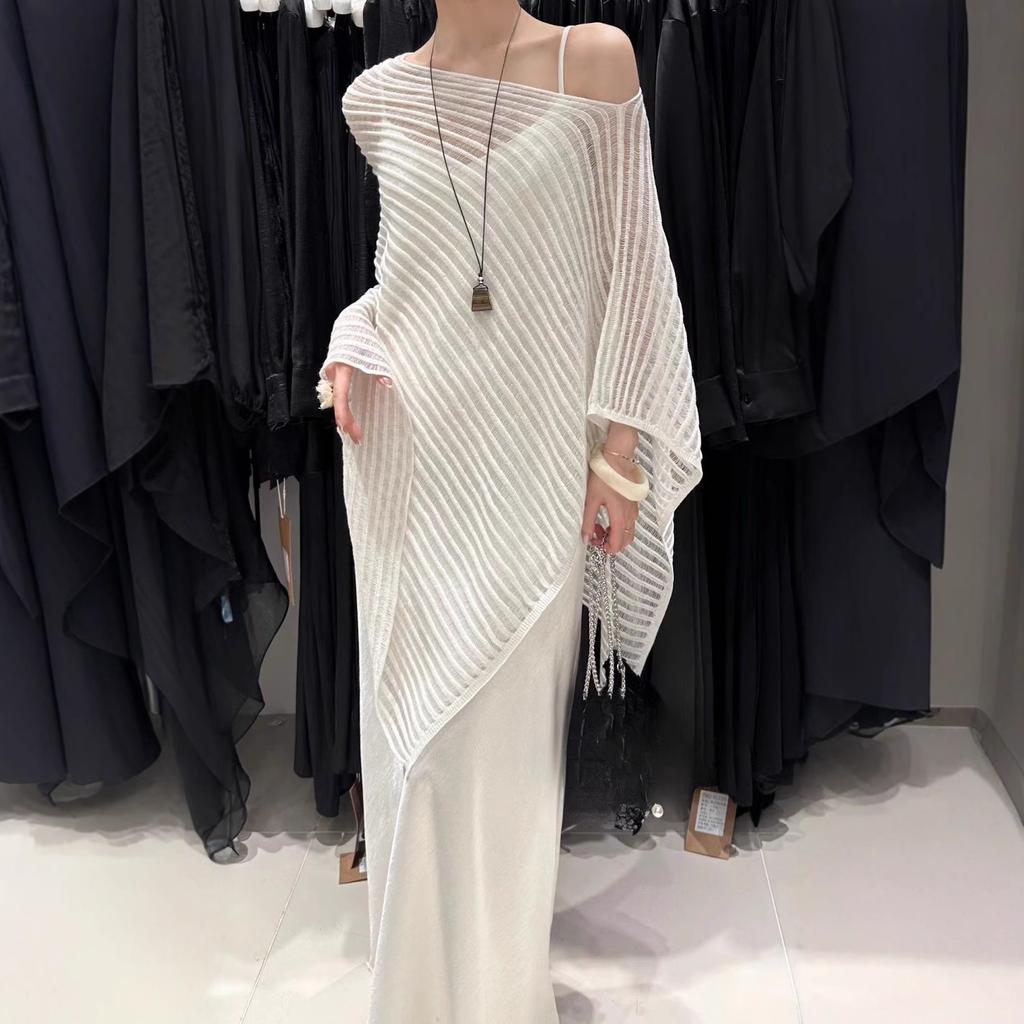 Літня нова однотонна блуза з захистом від сонця на шию, жіночна, універсальна, ажурний в'язаний светр, рукав-летюча миша, шаль-накидка, топ