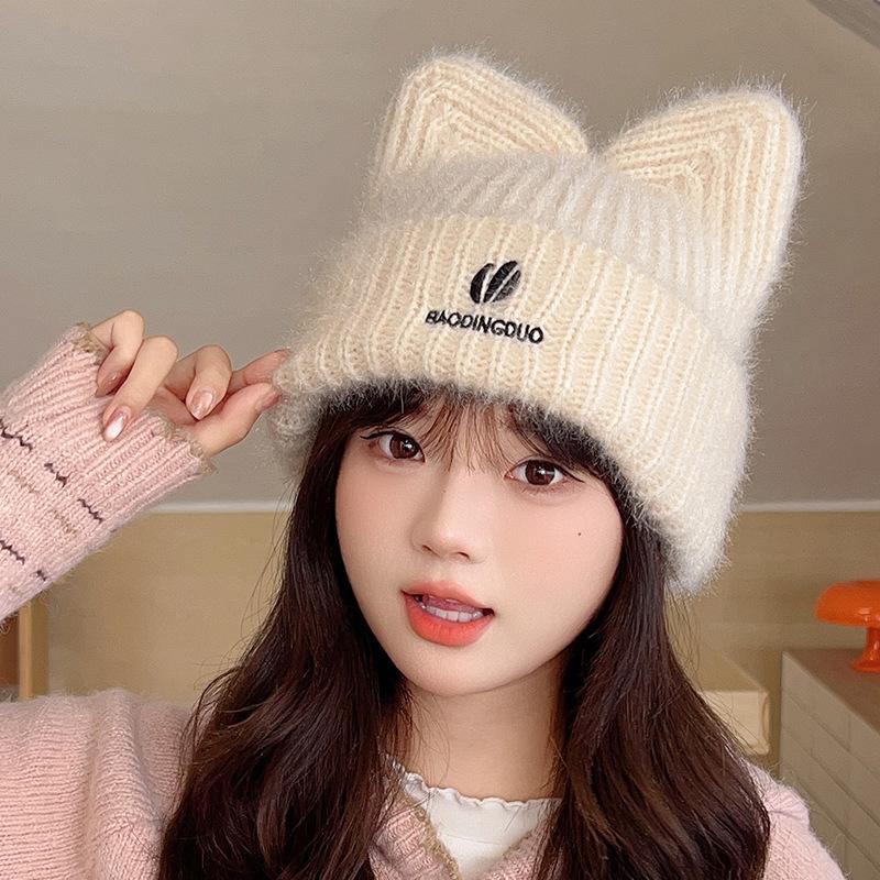 Japanese Cute Woolen Hat for Women in Autumn and Winter Fashion Versatile Ear Protection Pullover Hat Big Head Circumference Cat Ear Knitted Hat