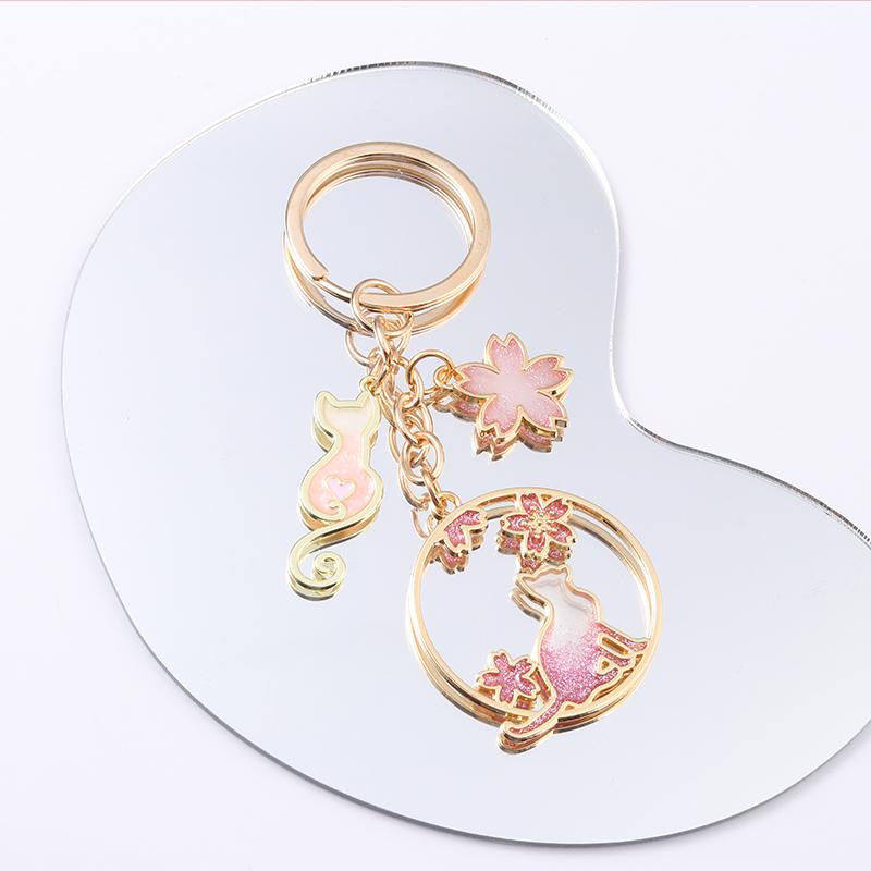 Pretty Flowers Cat Keychains Cherry Blossom Aniamls Plants For Women Girls Birthday Friendship Handamde Jewelry Bag Charm