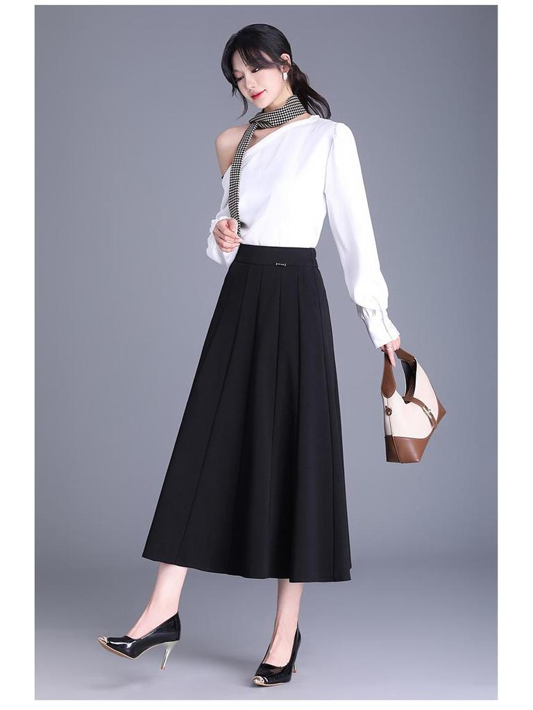 Spring 2025 Women's High-Waist Pleated A-Line Skirt - Casual Mid-Length Swing Skirt