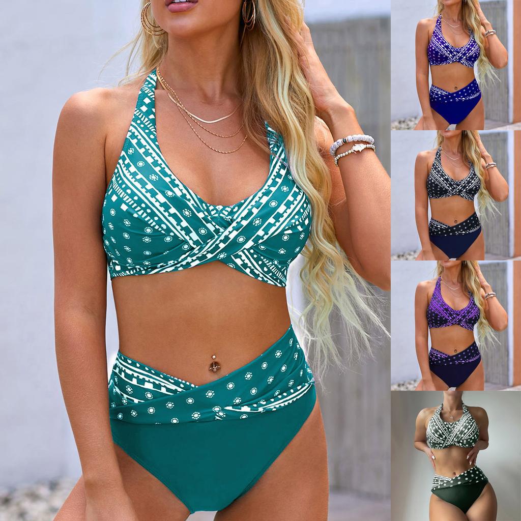 Fashion Women's Sexy Printed Neck Strap Backless Beachwear Bikini Swimsuit Split Swimsuit